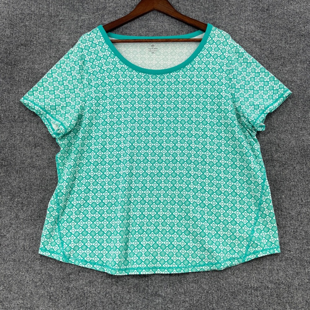 T by Talbots Geometric Floral Short Sleeve Tee 2X Green Activewear Preppy Chic
